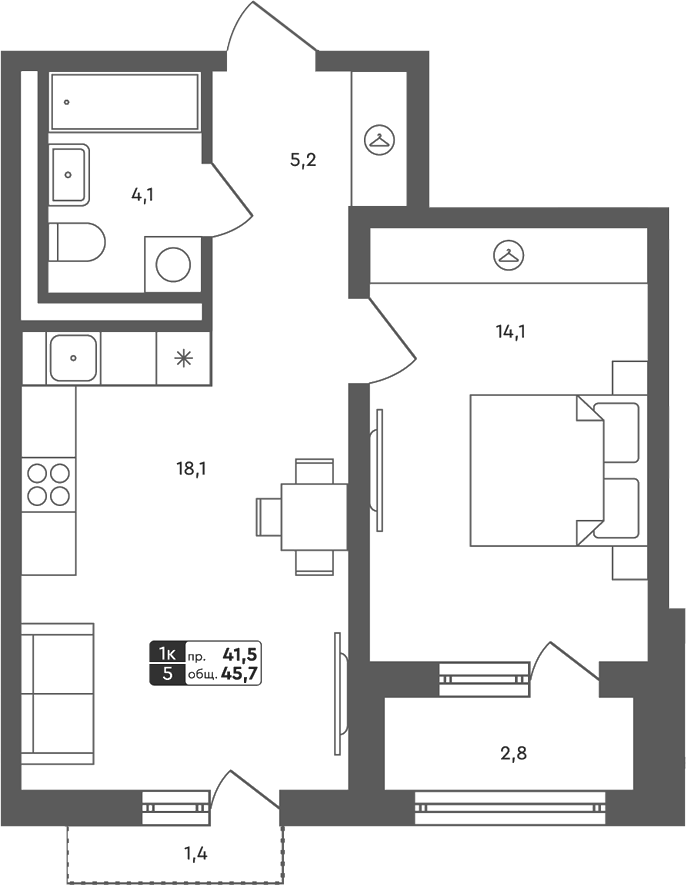 Планировка 2Е-к.кв, 45.7 м² в ЖК Совушки